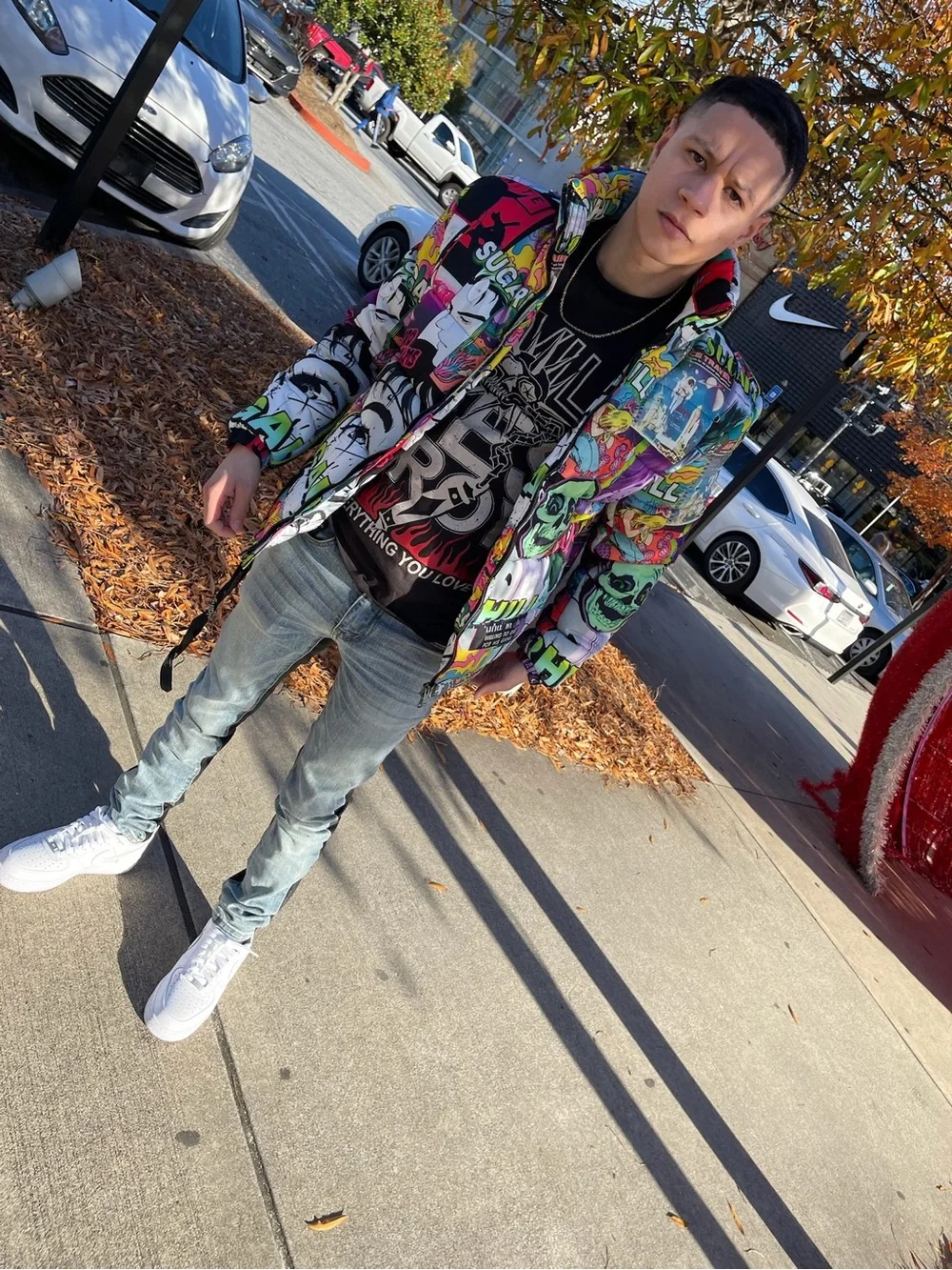 Graphic Multicolor Puffer Jacket - Bold Comic Print